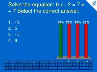 Solve the equation: 6 x - 2 = 7 x + 7 Select the correct answer.
