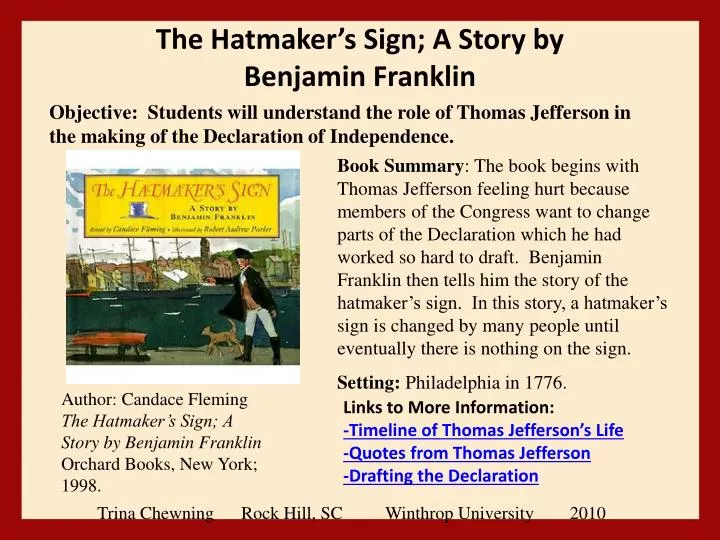 the hatmaker s sign a story by benjamin franklin