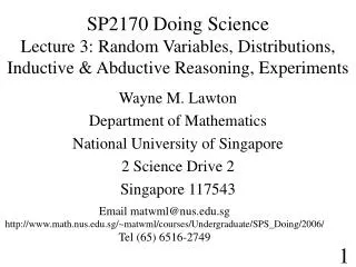 SP2170 Doing Science Lecture 3: Random Variables, Distributions, Inductive &amp; Abductive Reasoning, Experiments