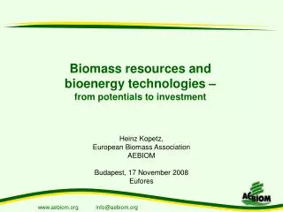 Biomass resources and bioenergy technologies – from potentials to investment