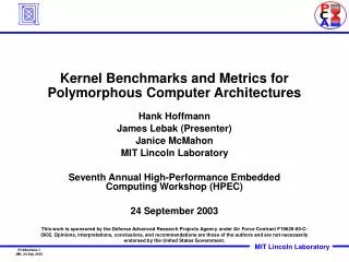 Kernel Benchmarks and Metrics for Polymorphous Computer Architectures