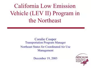 California Low Emission Vehicle (LEV II) Program in the Northeast