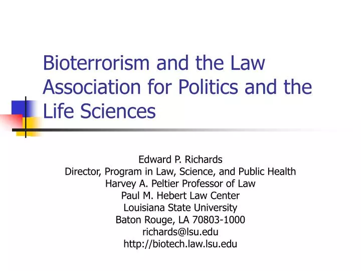 bioterrorism and the law association for politics and the life sciences