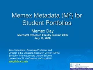 Memex Metadata (M 2 ) for Student Portfolios
