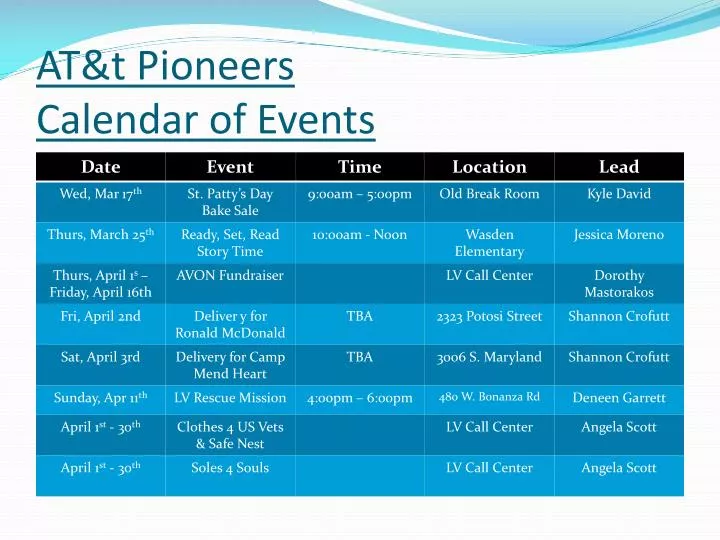 at t pioneers calendar of events