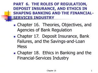 PART 6. THE ROLES OF REGULATION, DEPOSIT INSURANCE, AND ETHICS IN SHAPING BANKING AND THE FINANCIAL-SERVICES INDUSTRY