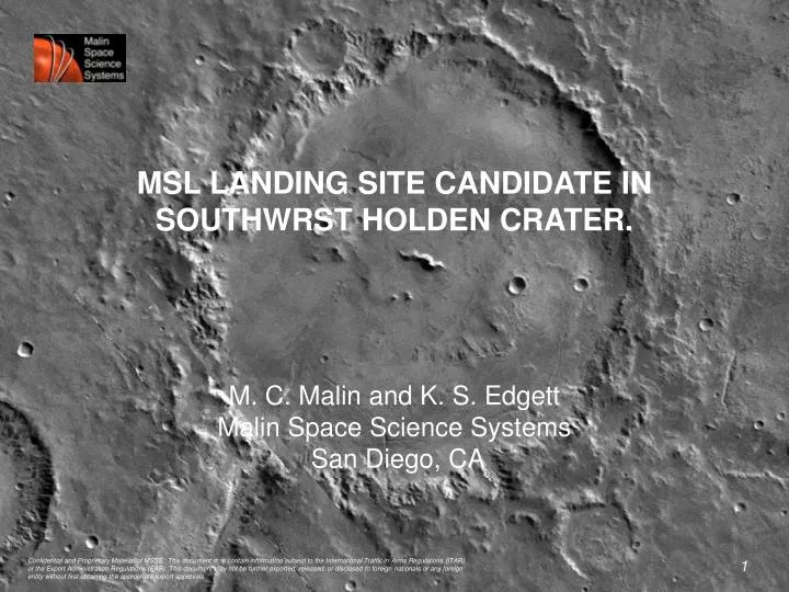 msl landing site candidate in southwrst holden crater