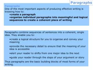 Paragraphs One of the most important aspects of producing effective writing is knowing how to: create a paragraph