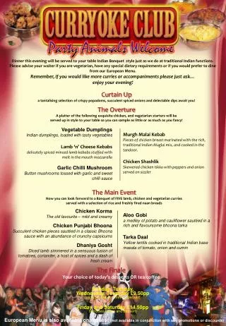 European Menu is also available on request (not available in conjunction with any promotions or discounts)