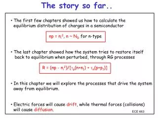 The first few chapters showed us how to calculate the equilibrium distribution of charges in a semiconductor np = n
