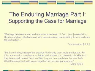 The Enduring Marriage Part I: Supporting the Case for Marriage
