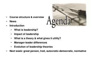 Course structure &amp; overview News Introduction What is leadership? Impact of leadership What is a theory &amp; what g