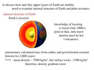 to discuss how and why upper layers of Earth are mobile, 	need to examine internal structure of Earth and plate tectonic