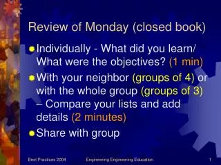 Review of Monday (closed book)