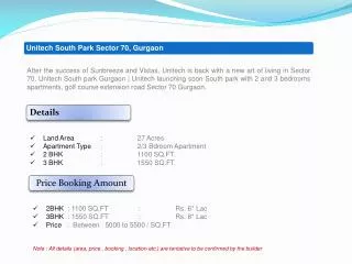 Unitech South Park Gurgaon | New Project Sector 70
