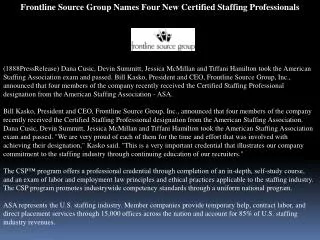 Frontline Source Group Names Four New Certified Staffing Pro
