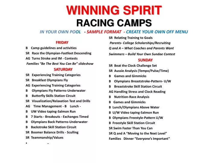 winning spirit racing camps in your own po ol sample format create your own off menu