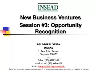 New Business Ventures Session #3: Opportunity Recognition