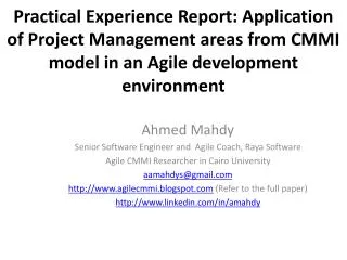 Experience Rep: Agile CMMI Project Management areas