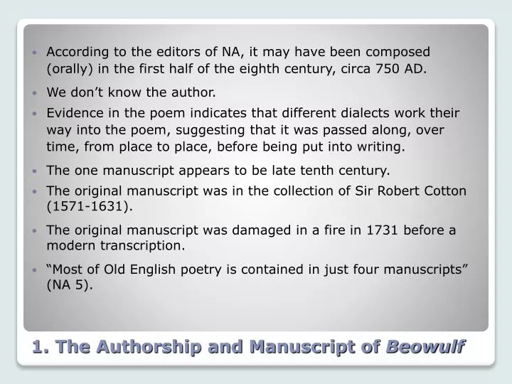 1 the authorship and manuscript of beowulf