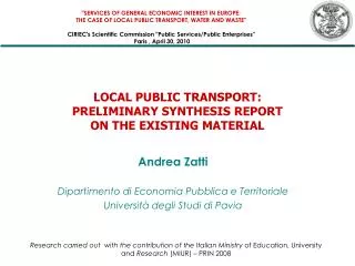 LOCAL PUBLIC TRANSPORT: PRELIMINARY SYNTHESIS REPORT ON THE EXISTING MATERIAL