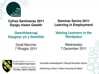 Cyfres Seminarau 2011 Dysgu mewn Gwaith Gwerthfawrogi Dysgwyr yn y Gweithle Dydd Mercher 7 Rhagfyr 2011