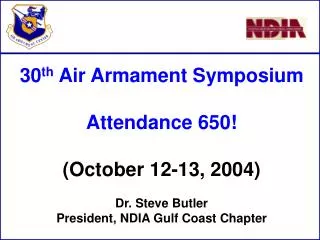 30 th Air Armament Symposium Attendance 650! (October 12-13, 2004) Dr. Steve Butler President, NDIA Gulf Coast Chapter