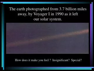 The earth photographed from 3.7 billion miles away, by Voyager I in 1990 as it left our solar system.