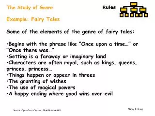 Example: Fairy Tales Some of the elements of the genre of fairy tales: Begins with the phrase like “Once upon a time…” o