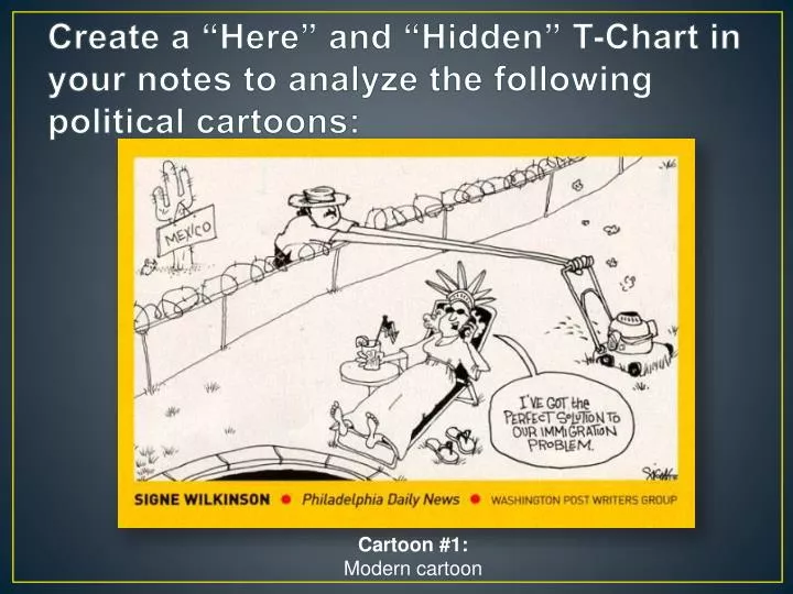 create a here and hidden t chart in your notes to analyze the following political cartoons
