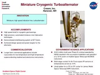 Miniature Cryogenic Turboalternator Creare, Inc. Hanover, NH