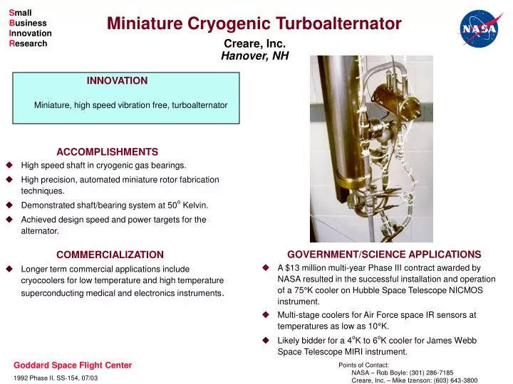 miniature cryogenic turboalternator creare inc hanover nh