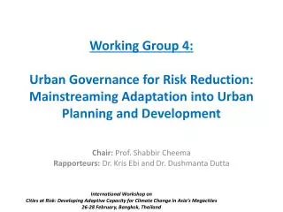 Working Group 4: Urban Governance for Risk Reduction: Mainstreaming Adaptation into Urban Planning and Development