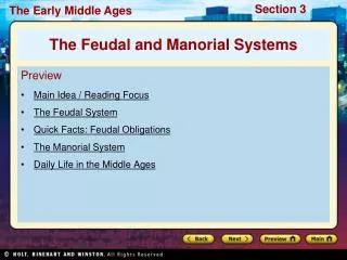 Preview Main Idea / Reading Focus The Feudal System Quick Facts: Feudal Obligations The Manorial System Daily Life in th