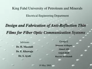 Design and Fabrication of Anti-Reflection Thin Films for Fiber Optic Communication Systems