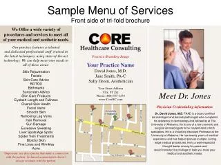 Sample Menu of Services Front side of tri-fold brochure