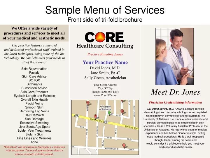 sample menu of services front side of tri fold brochure