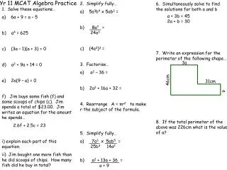 Yr 11 MCAT Algebra Practice