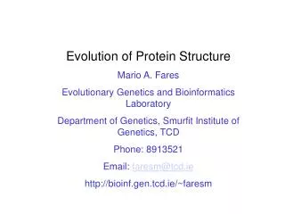 Evolution of Protein Structure Mario A. Fares Evolutionary Genetics and Bioinformatics Laboratory Department of Genetics