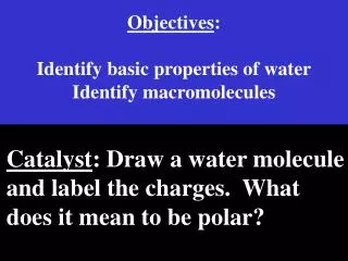 Objectives : Identify basic properties of water Identify macromolecules