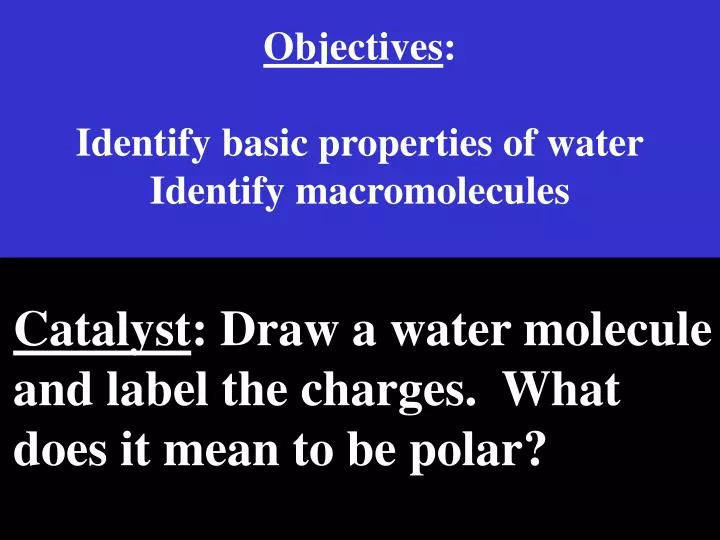 objectives identify basic properties of water identify macromolecules