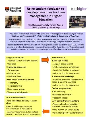 Using student feedback to develop resources for time management in Higher Education Kim Shahabudin, Judy Turner, Angela