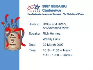 Briefing: RVUs and RWPs, 	An Advanced View Speaker:	Rich Holmes, 	Wendy Funk Date:	22 March 2007 Time:	1010 - 1100 – T