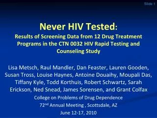 Never HIV Tested : Results of Screening Data from 12 Drug Treatment Programs in the CTN 0032 HIV Rapid Testing and Couns