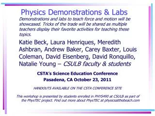 Physics Demonstrations &amp; Labs