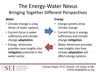 The Energy-Water Nexus Bringing Together Different Perspectives