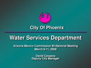 Water Services Department Arizona Mexico Commission Bi-National Meeting March 9-11, 2008 David Cavazos Deputy City Manag