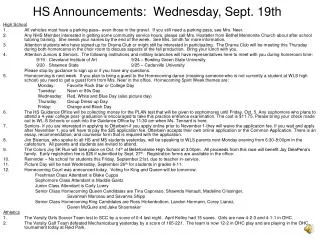 HS Announcements: Wednesday, Sept. 19th