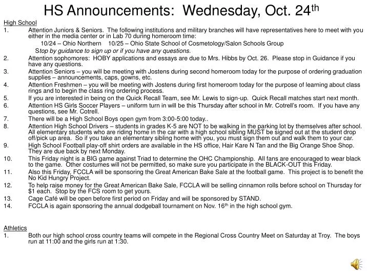 hs announcements wednesday oct 24 th