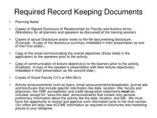 Required Record Keeping Documents